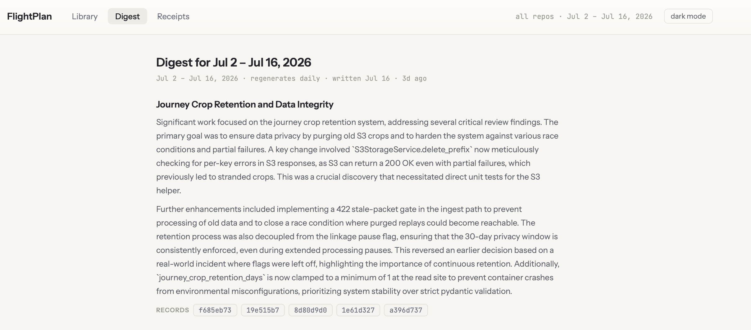The FlightPlan digest showing a narrative summary of recent coding-agent work with links to source records