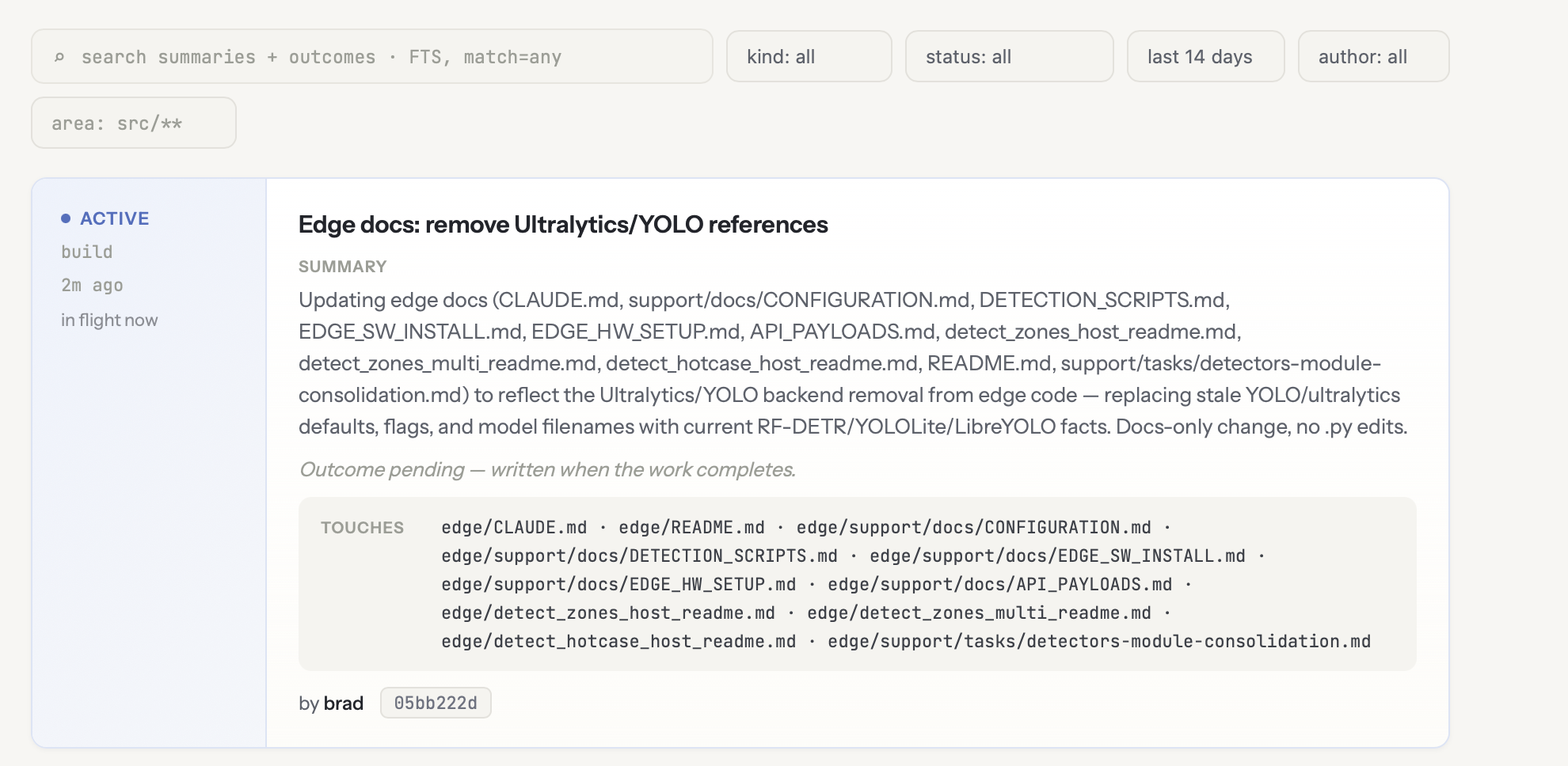 The FlightPlan library showing searchable active and completed agent work