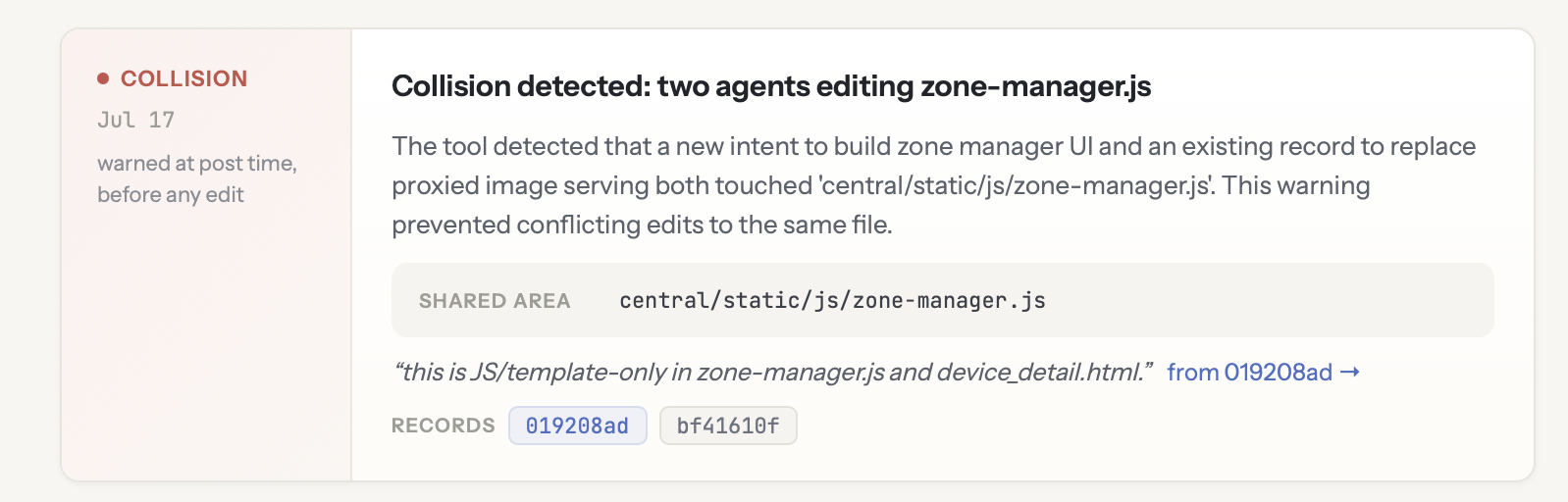 A FlightPlan collision receipt showing two agents editing zone-manager.js and a warning before any edit