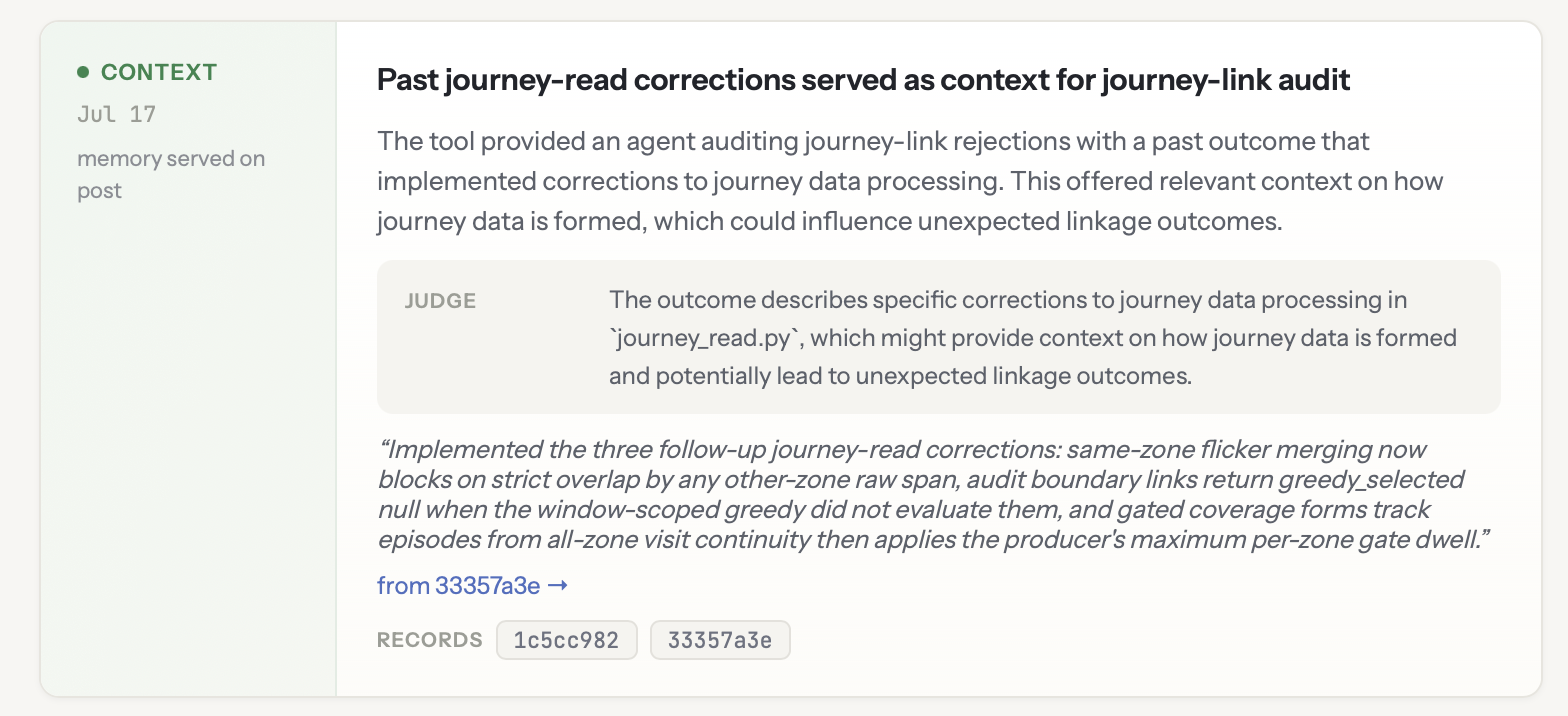 A FlightPlan context receipt showing a relevant past outcome served to a coding agent